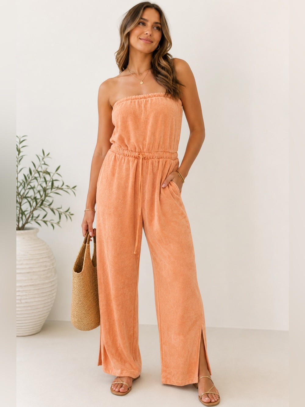 BEYOND YOGA Tropez Strapless Terry Cloth‎ Jumpsuit Orange Dream Size Small